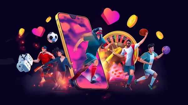 A young woman relaxing with her phone while dynamic casino elements float around her, illustrating the smooth mobile experience offered by the SOUL777BET app.