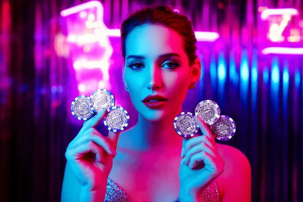 SOUL777BET Slots — Thousands of exciting themes and jackpots A stylish woman beside vibrant slot machines displaying glowing sevens, showcasing the variety of top slots at SOUL777BET.